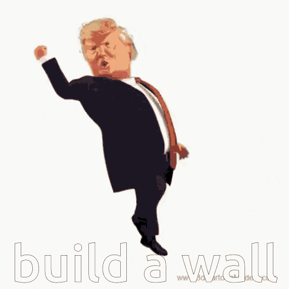 donald trump is jumping in the air with the words build a wall below him