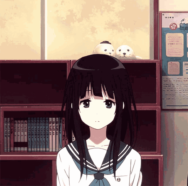a girl in a school uniform stands in front of a bookshelf with a sign that says ' mizu ' on it