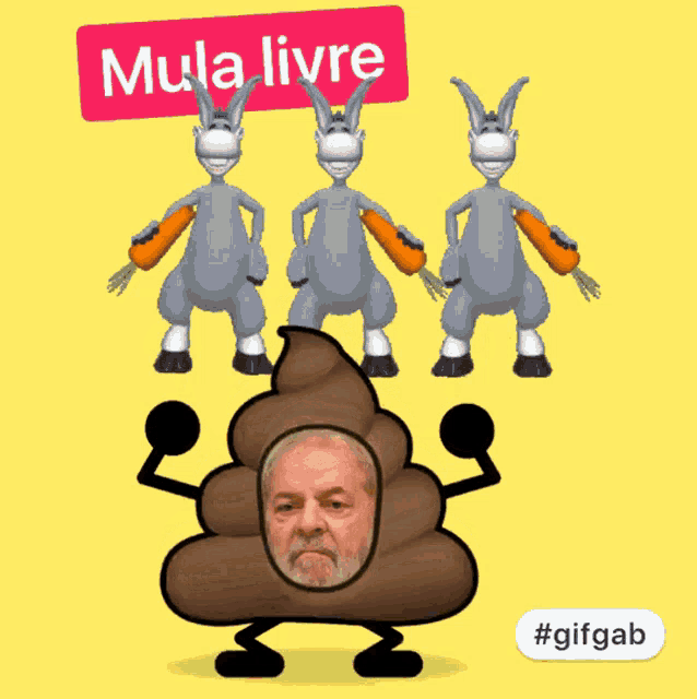 three donkeys with carrots are standing next to a pile of poop with a man 's face on it