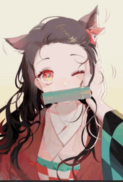 a drawing of a girl with cat ears and a bandage around her mouth