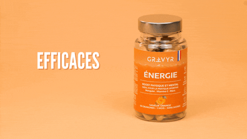 a grayr bottle of energy capsules with an orange label