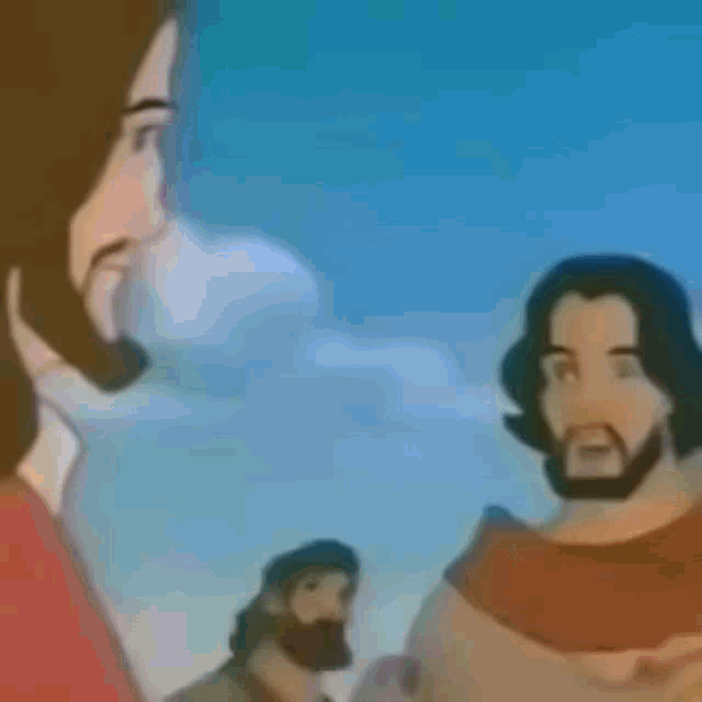 a cartoon of jesus with long hair and a beard standing in front of a group of people .