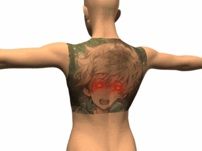 a man has a tattoo on his back that looks like a boy with red eyes