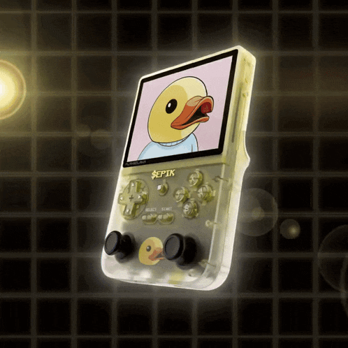 a clear sepik video game console with a duck on the screen