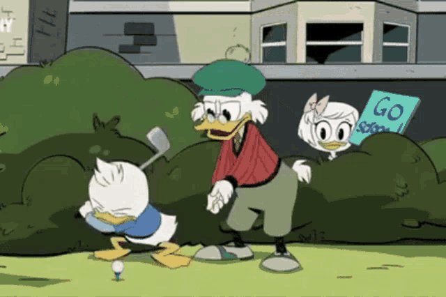 a cartoon of donald duck and daisy duck playing golf with a sign that says go school