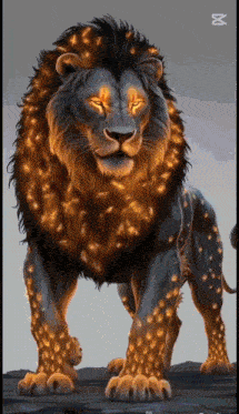 a painting of a lion with glowing eyes and claws