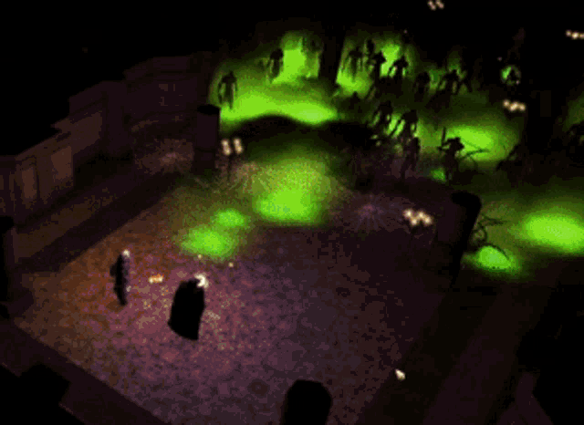 a purple and green video game scene with a few people
