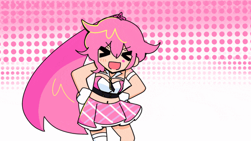 a cartoon girl with pink hair and a plaid skirt