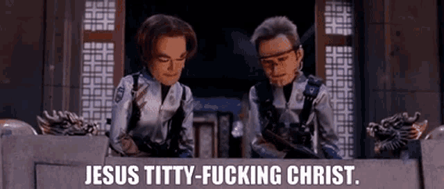 two cartoon characters are standing next to each other and one of them is saying jesus titty-fucking christ .