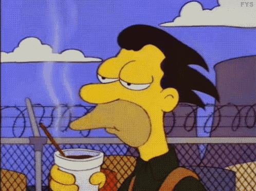 a cartoon character is holding a cup of coffee with a straw in his mouth .
