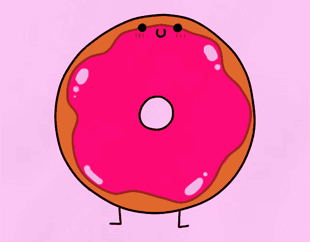 a cartoon drawing of a pink donut with a face and legs