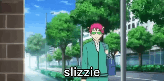 a man wearing sunglasses is walking down a street with trees in the background and a sign that says slizzie .