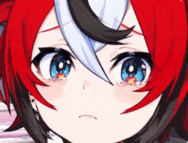 a close up of a red and black anime character with blue eyes