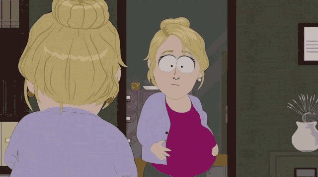 a cartoon of a woman looking at herself in a mirror