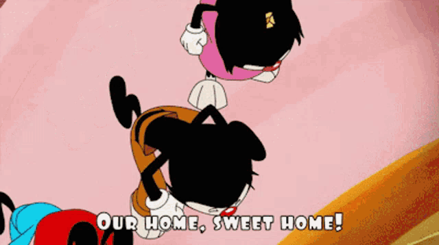 a cartoon says " our home sweet home " in a pink background