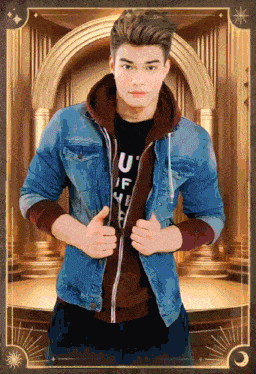a young man wearing a denim jacket and a black shirt that says " u " on it