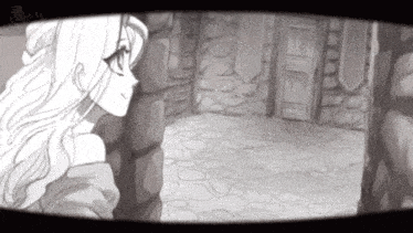 a black and white drawing of a woman standing in a room