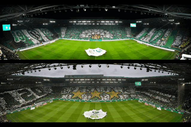 two pictures of a soccer stadium with a banner that says heineken on it