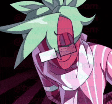 a cartoon drawing of a person with green hair and glasses