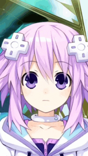 a close up of a purple haired anime character with a white cross on her head