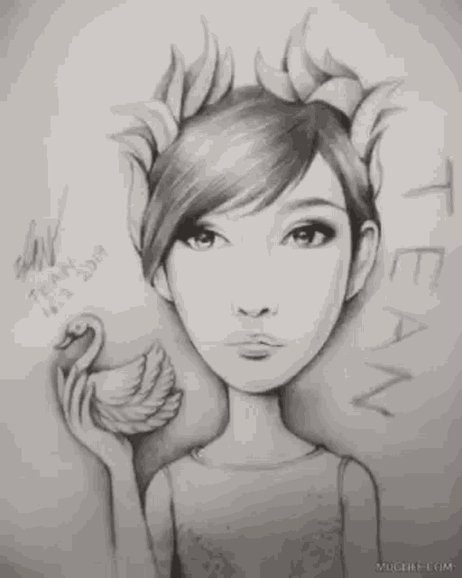 a black and white drawing of a girl holding a swan with the word team written on the bottom