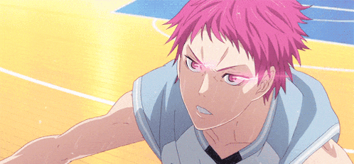 a basketball player with pink hair and red eyes looks angry