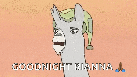 a cartoon of a llama wearing a hat and saying goodnight rianna .