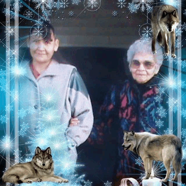 a woman and a child are standing next to each other in a picture frame surrounded by wolves .