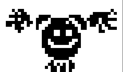 a black and white pixel art drawing of a skull with a smile on it .