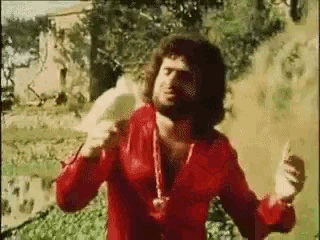 a man with a beard is wearing a red shirt and holding a microphone in his hand .