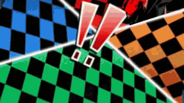 a colorful checkered background with a red exclamation point in the middle of it .