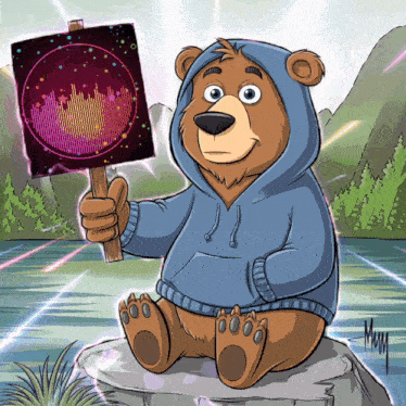a cartoon of a bear holding a sign that says " mum "