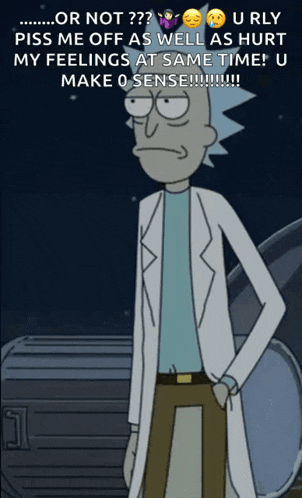 rick from rick and morty is standing in front of a dumpster