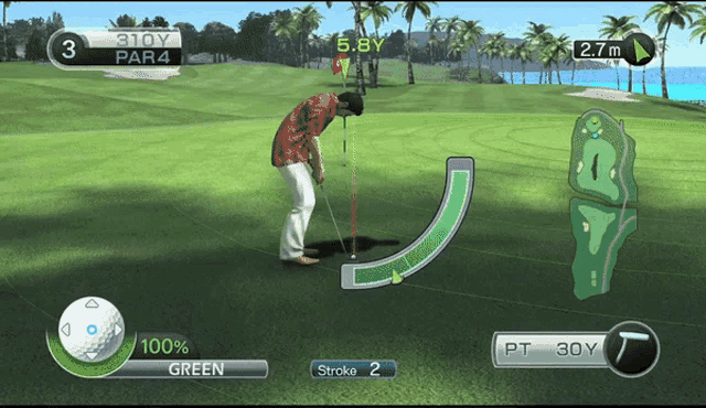 a man is playing a video game of golf and the green is 100 %