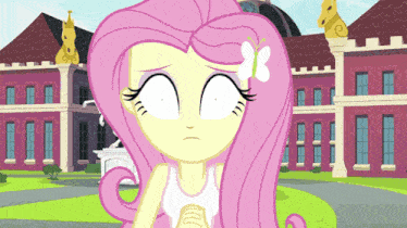 a cartoon drawing of a girl with pink hair and a white flower in her hair