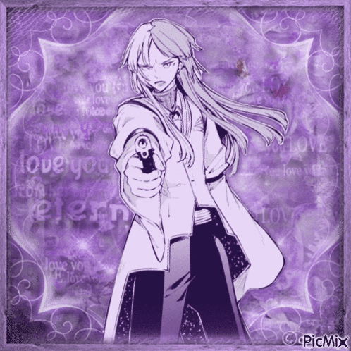 a picture of a man with long hair pointing a gun with the words love you written on the background