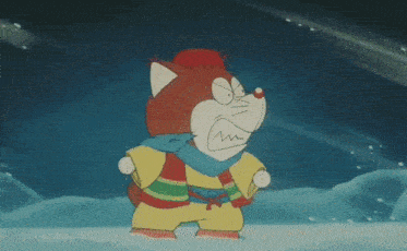 a cartoon character is standing in the snow wearing a scarf and a hat