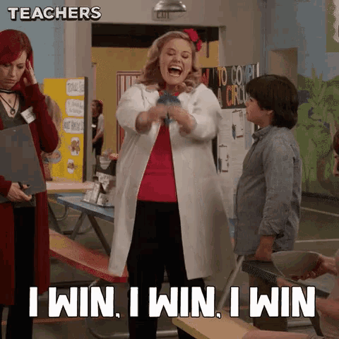 a woman in a lab coat says i win i win i win in front of a group of children .
