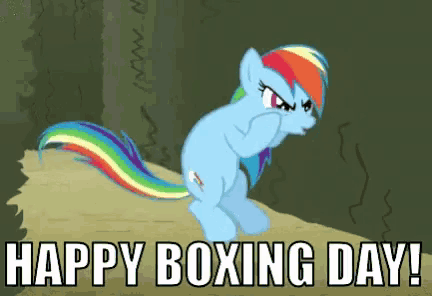 a cartoon of a pony with the words happy boxing day written below it