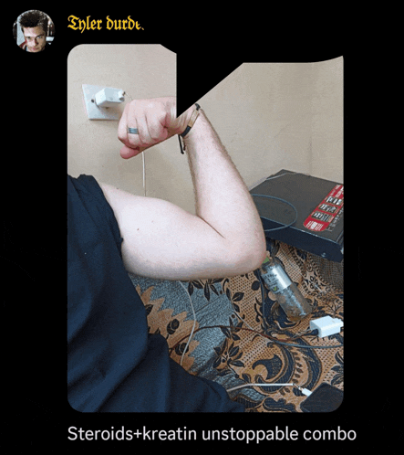 a picture of a man 's arm with the words steroids + kreatin unstoppable combo
