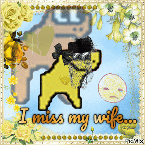 a picture of a dog with the words i miss my wife written on it