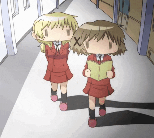two anime girls are walking down a hallway and one has an x through her mouth