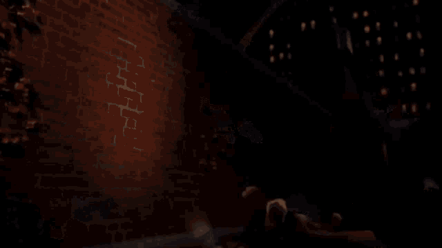 a cartoon dog is standing in a foggy room with a brick wall in the background
