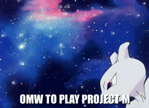 a cartoon character says omw to play project m in front of a galaxy background