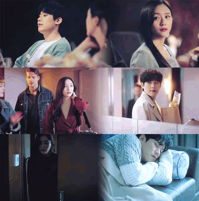 a collage of images shows a man sleeping and a woman looking at him