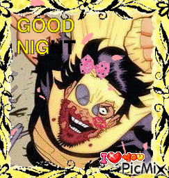 a cartoon of a man with a pink bow on his head and the words `` good night ''