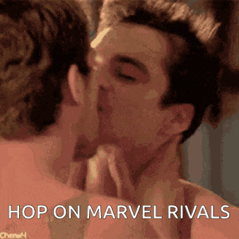 a couple of men kissing with the words hop on marvel rivals above them .