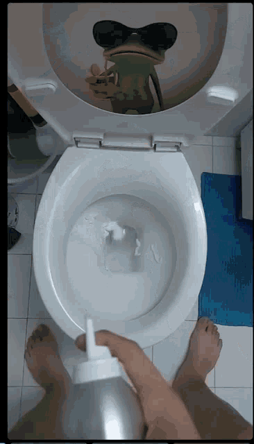 a toilet with a frog on the seat holding a banana