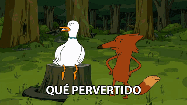 a cartoon of a duck sitting on a tree stump next to a fox with que pervertido written on the bottom