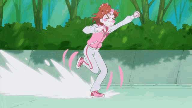 a girl in a pink jacket and white pants is running in a park